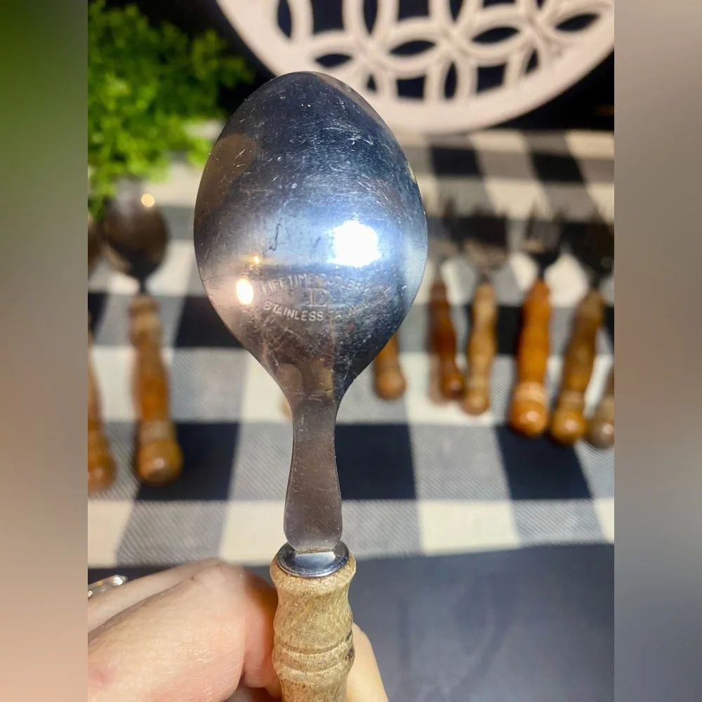 Vintage Lifetime Cutlery Stainless Silverware Wood Handle Fork‎ and Spoon Set